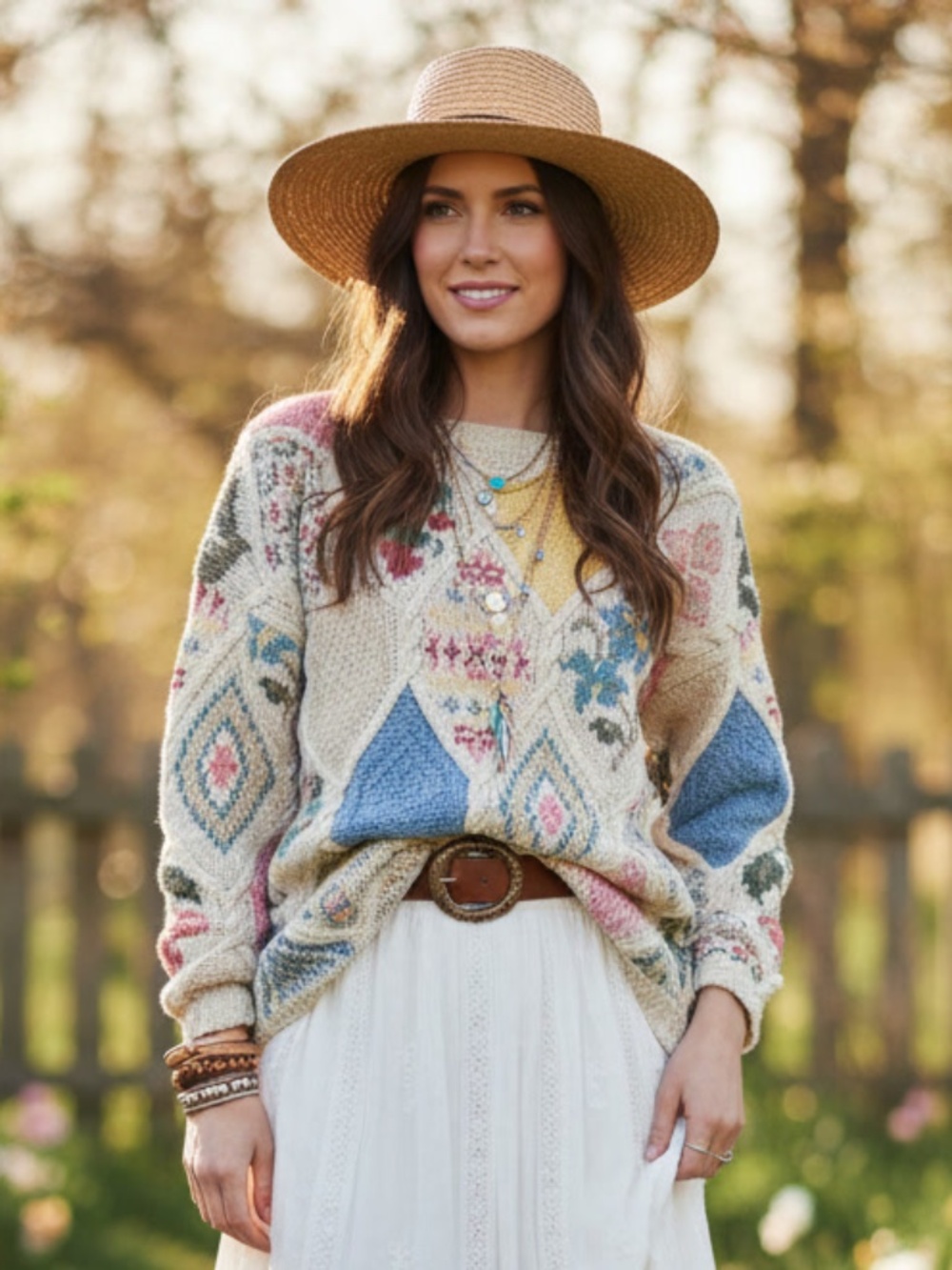 Floral Geometric Knit Sweater L cotton ramie vintage honeycomb chunky knit
